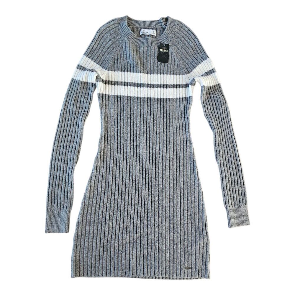 Hollister Sweater Dress Size S Gray Ribbed Knit Preppy Y2K Striped Mini NEW